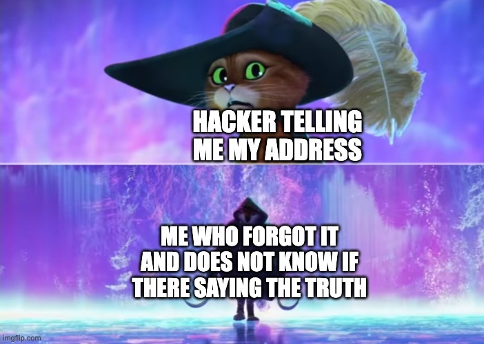 Puss and boots scared | HACKER TELLING ME MY ADDRESS ME WHO FORGOT IT AND DOES NOT KNOW IF THERE SAYING THE TRUTH | image tagged in puss and boots scared | made w/ Imgflip meme maker