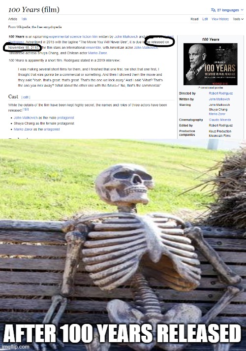 longest movie to release | AFTER 100 YEARS RELEASED | image tagged in waiting skeleton | made w/ Imgflip meme maker