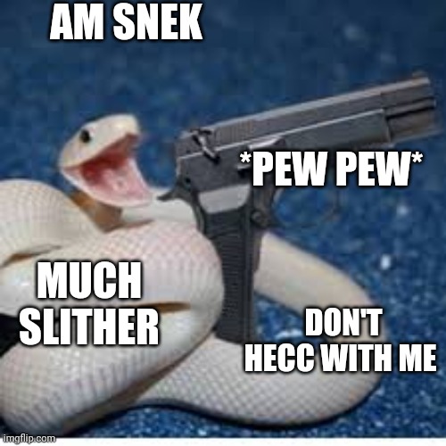 :> | AM SNEK; *PEW PEW*; MUCH SLITHER; DON'T HECC WITH ME | image tagged in snake got gun | made w/ Imgflip meme maker