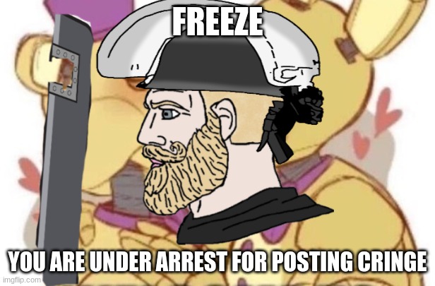you are under arrest | FREEZE; YOU ARE UNDER ARREST FOR POSTING CRINGE | image tagged in cops,cringe,fnaf,chad | made w/ Imgflip meme maker