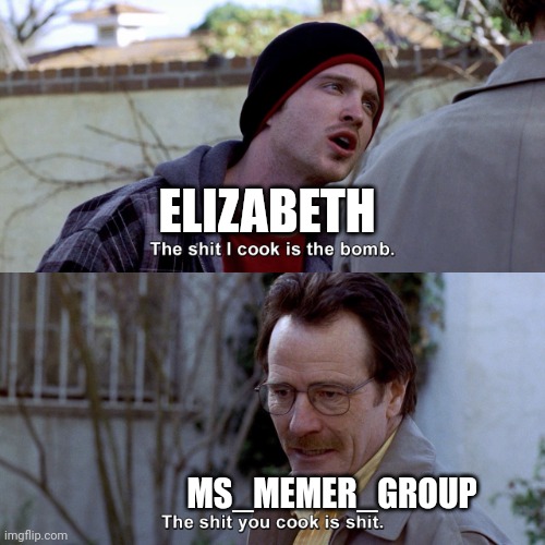 Elizabeth/Dawn vs MSMG lore | ELIZABETH; MS_MEMER_GROUP | image tagged in breaking bad the shit i cook is the bomb | made w/ Imgflip meme maker