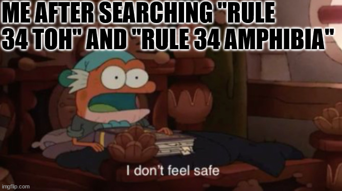 I don't feel safe | ME AFTER SEARCHING "RULE 34 TOH" AND "RULE 34 AMPHIBIA" | image tagged in i don't feel safe | made w/ Imgflip meme maker