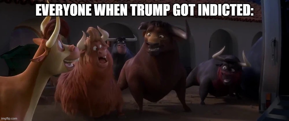Happy bulls | EVERYONE WHEN TRUMP GOT INDICTED: | image tagged in happy bulls,trump,indictment | made w/ Imgflip meme maker