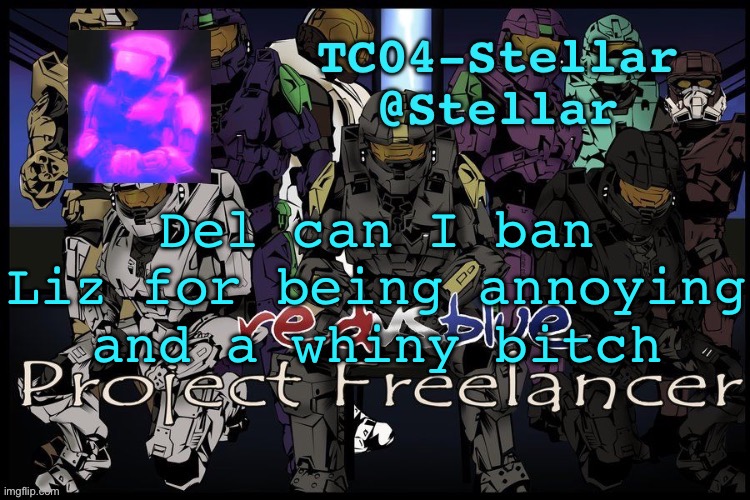 Stellar freelancer announcement | Del can I ban Liz for being annoying and a whiny bitch | image tagged in stellar freelancer announcement | made w/ Imgflip meme maker