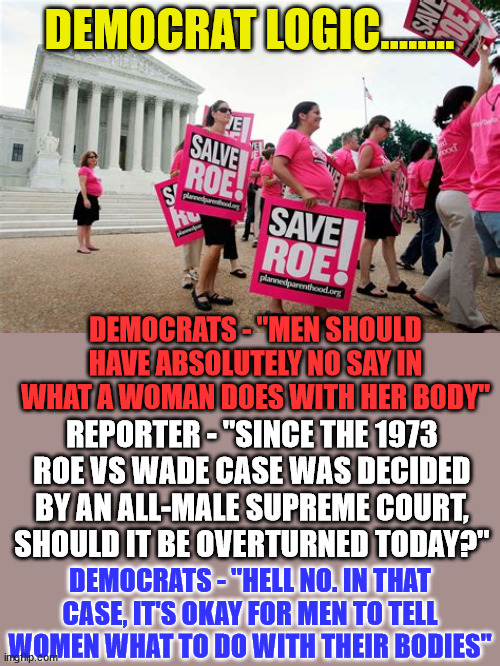 DEMOCRAT LOGIC........ | DEMOCRAT LOGIC........ DEMOCRATS - "MEN SHOULD HAVE ABSOLUTELY NO SAY IN WHAT A WOMAN DOES WITH HER BODY"; REPORTER - "SINCE THE 1973 ROE VS WADE CASE WAS DECIDED BY AN ALL-MALE SUPREME COURT, SHOULD IT BE OVERTURNED TODAY?"; DEMOCRATS - "HELL NO. IN THAT CASE, IT'S OKAY FOR MEN TO TELL WOMEN WHAT TO DO WITH THEIR BODIES" | image tagged in supreme court,abortion,illogical,democrats | made w/ Imgflip meme maker
