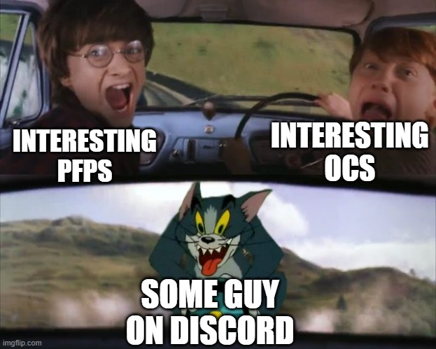 Some mf on Discord hates people cuz of pfps and ocs | INTERESTING OCS; INTERESTING PFPS; SOME GUY ON DISCORD | image tagged in tom chasing harry and ron weasly | made w/ Imgflip meme maker