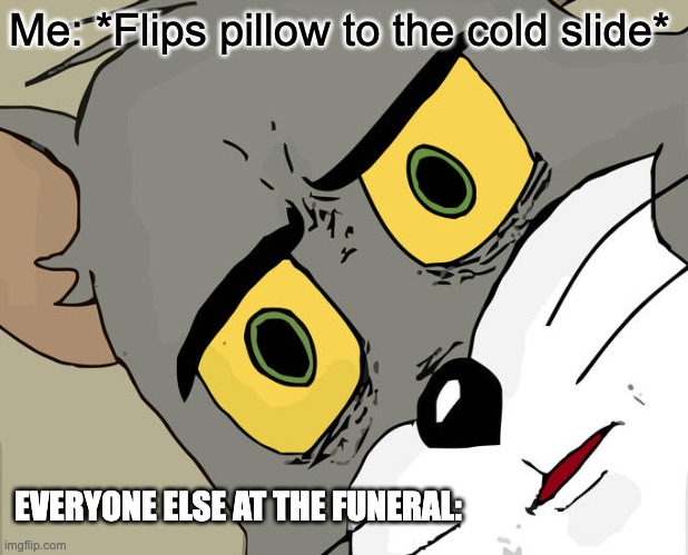 uh... | Me: *Flips pillow to the cold slide*; EVERYONE ELSE AT THE FUNERAL: | image tagged in memes,unsettled tom | made w/ Imgflip meme maker