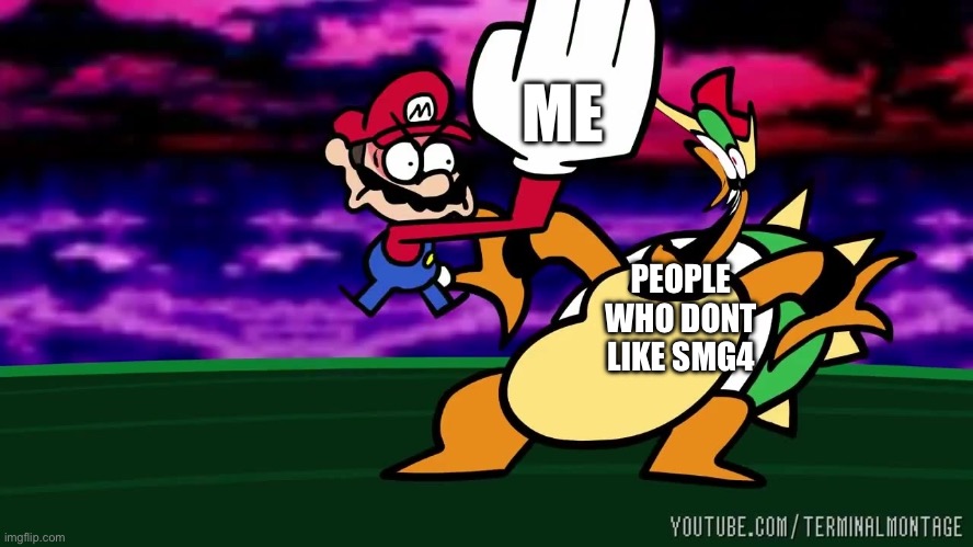 Speedrunner Mario slapping bowser | ME; PEOPLE WHO DONT LIKE SMG4 | image tagged in speedrunner mario slapping bowser,smg4 | made w/ Imgflip meme maker