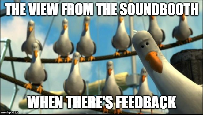 Nemo Seagulls Mine | THE VIEW FROM THE SOUNDBOOTH; WHEN THERE'S FEEDBACK | image tagged in nemo seagulls mine | made w/ Imgflip meme maker