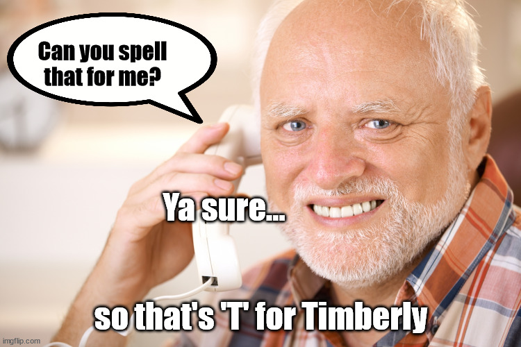 Could've said anything but instead you said... | Can you spell that for me? Ya sure... so that's 'T' for Timberly | image tagged in hide the pain harold phone | made w/ Imgflip meme maker