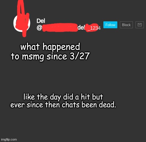 totally del | what happened to msmg since 3/27; like the day did a hit but ever since then chats been dead. | image tagged in totally del | made w/ Imgflip meme maker