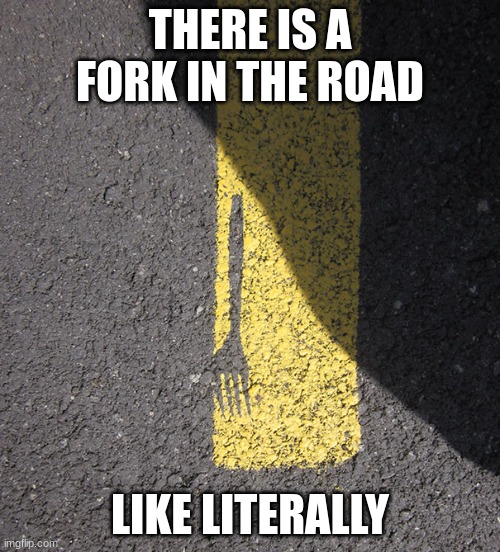 Fork in the road | THERE IS A FORK IN THE ROAD; LIKE LITERALLY | image tagged in you had one job,memes | made w/ Imgflip meme maker