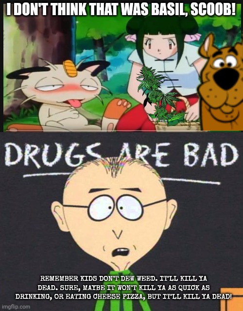 Next meme contest: anti weed memes! Or pro weed memes. Meowth doesn't card which! | I DON'T THINK THAT WAS BASIL, SCOOB! REMEMBER KIDS DON'T DEW WEED. IT'LL KILL YA DEAD. SURE, MAYBE IT WON'T KILL YA AS QUICK AS DRINKING, OR EATING CHEESE PIZZA, BUT IT'LL KILL YA DEAD! | image tagged in drugs are bad,meme contest,winner gets free,meowth memes | made w/ Imgflip meme maker