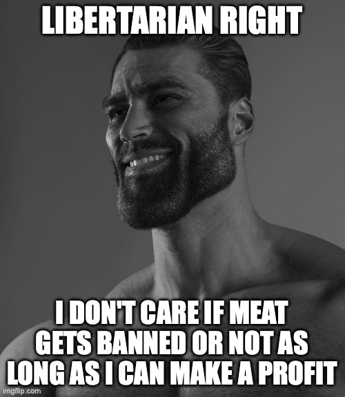 Giga Chad | LIBERTARIAN RIGHT I DON'T CARE IF MEAT GETS BANNED OR NOT AS LONG AS I CAN MAKE A PROFIT | image tagged in giga chad | made w/ Imgflip meme maker