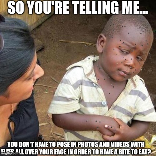 Bug me for food | SO YOU'RE TELLING ME... YOU DON'T HAVE TO POSE IN PHOTOS AND VIDEOS WITH FLIES ALL OVER YOUR FACE IN ORDER TO HAVE A BITE TO EAT? | image tagged in third world skeptical kid,world hunger,flies | made w/ Imgflip meme maker