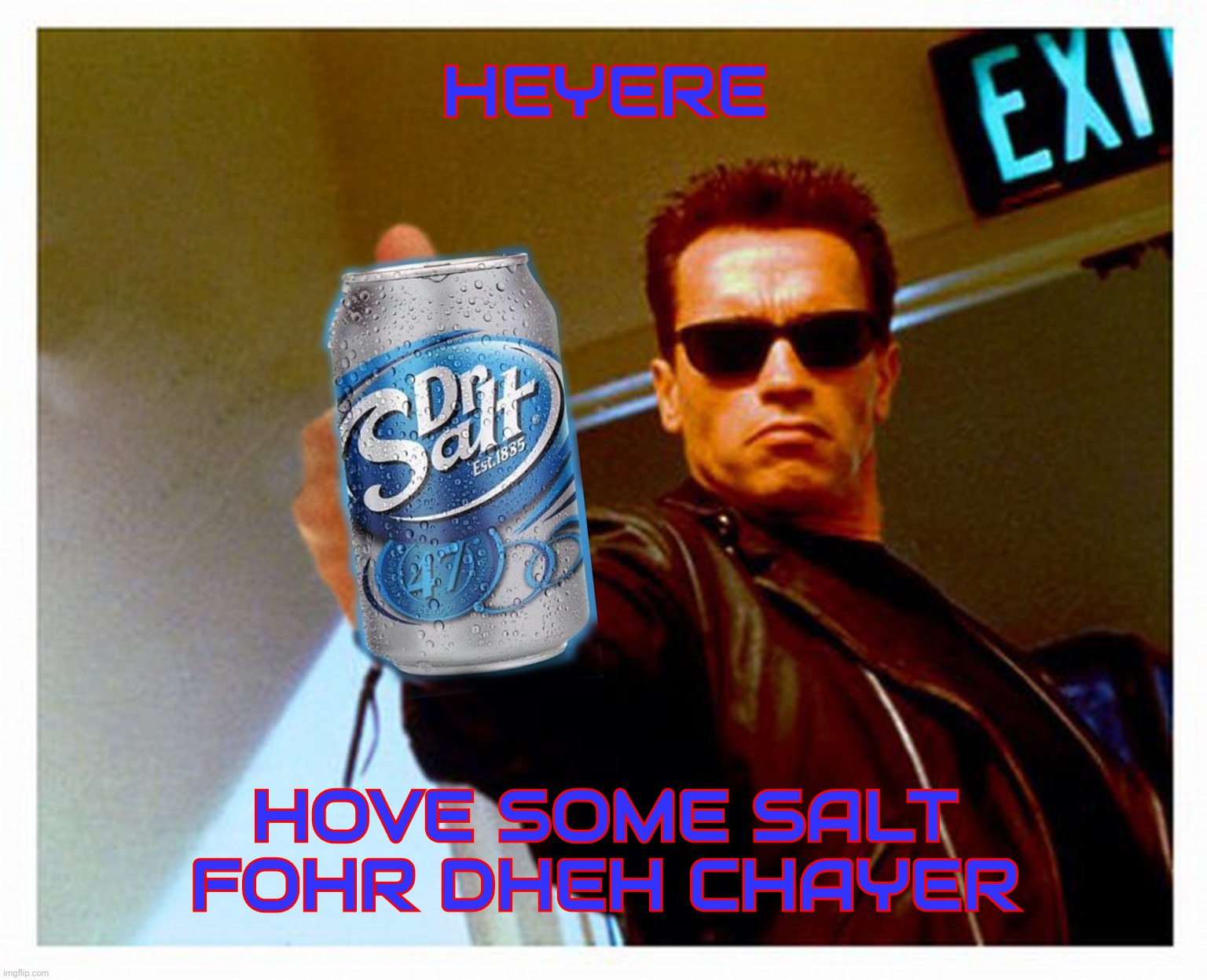 Talk to the chair because a Tweeterz sed tew dew eet Pt VI: the saga continues | HEYERE; HOVE SOME SALT FOHR DHEH CHAYER | image tagged in terminator,talk to the chair,tweeterz,i think therefore i repost,imagination nil,stay salty my friends | made w/ Imgflip meme maker