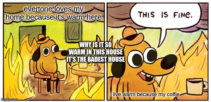 This Is Fine | evertone loves my home because it's warm here; WHY IS IT SO WARM IN THIS HOUSE IT'S THE BADEST HOUSE; i live warm because my coffie | image tagged in memes,this is fine | made w/ Imgflip meme maker