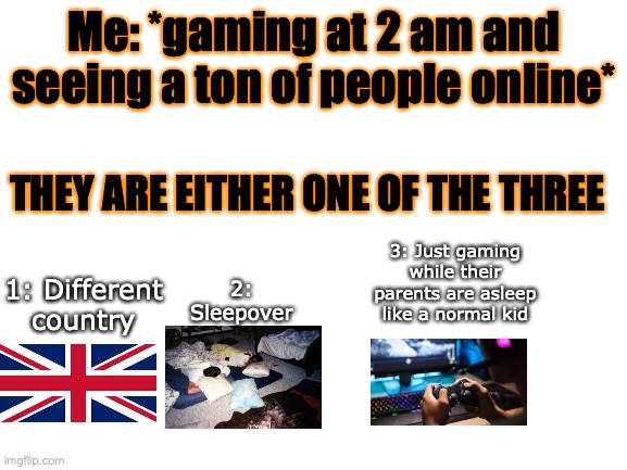 Like I am right now | Me: *gaming at 2 am and seeing a ton of people online*; THEY ARE EITHER ONE OF THE THREE; 3: Just gaming while their parents are asleep like a normal kid; 1: Different country; 2: Sleepover | image tagged in blank white template,gaming,country,sleepover,relatable,memes | made w/ Imgflip meme maker