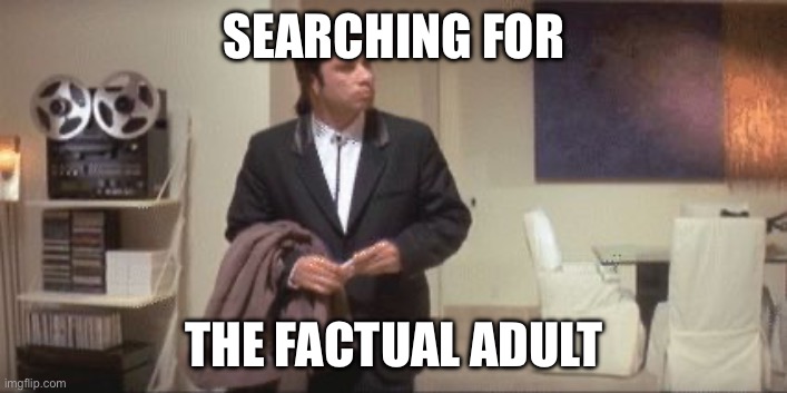 Confused Travolta (Pulp Fiction) | SEARCHING FOR THE FACTUAL ADULT | image tagged in confused travolta pulp fiction | made w/ Imgflip meme maker