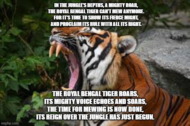 IN THE JUNGLE'S DEPTHS, A MIGHTY ROAR,
THE ROYAL BENGAL TIGER CAN'T MEW ANYMORE.
FOR IT'S TIME TO SHOW ITS FIERCE MIGHT,
AND PROCLAIM ITS RULE WITH ALL ITS RIGHT. THE ROYAL BENGAL TIGER ROARS,
ITS MIGHTY VOICE ECHOES AND SOARS,
THE TIME FOR MEWING IS NOW DONE,
ITS REIGN OVER THE JUNGLE HAS JUST BEGUN. | made w/ Imgflip meme maker
