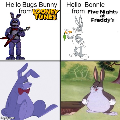 because 2 big bunnies are funnier than one | Bugs Bunny; Bonnie | image tagged in memes,bugs bunny,bonnie,looney tunes,five nights at freddys,hello person from | made w/ Imgflip meme maker