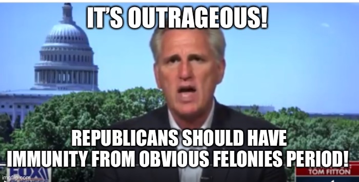 Kevin McCarthy | IT’S OUTRAGEOUS! REPUBLICANS SHOULD HAVE IMMUNITY FROM OBVIOUS FELONIES PERIOD! | image tagged in kevin mccarthy | made w/ Imgflip meme maker