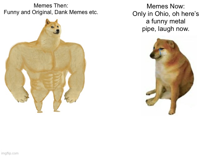 Memes nowadays arent funny anymore | Memes Then:

Funny and Original, Dank Memes etc. Memes Now:

Only in Ohio, oh here’s a funny metal pipe, laugh now. | image tagged in memes,buff doge vs cheems | made w/ Imgflip meme maker