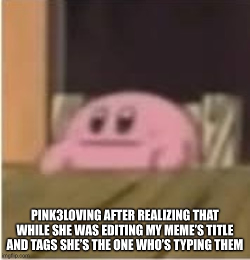 So that means she is h0rny | PINK3LOVING AFTER REALIZING THAT WHILE SHE WAS EDITING MY MEME’S TITLE AND TAGS SHE’S THE ONE WHO’S TYPING THEM | image tagged in kirby,pink3loving | made w/ Imgflip meme maker