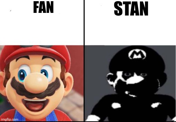 Happy mario Vs Dark Mario | FAN; STAN | image tagged in happy mario vs dark mario | made w/ Imgflip meme maker