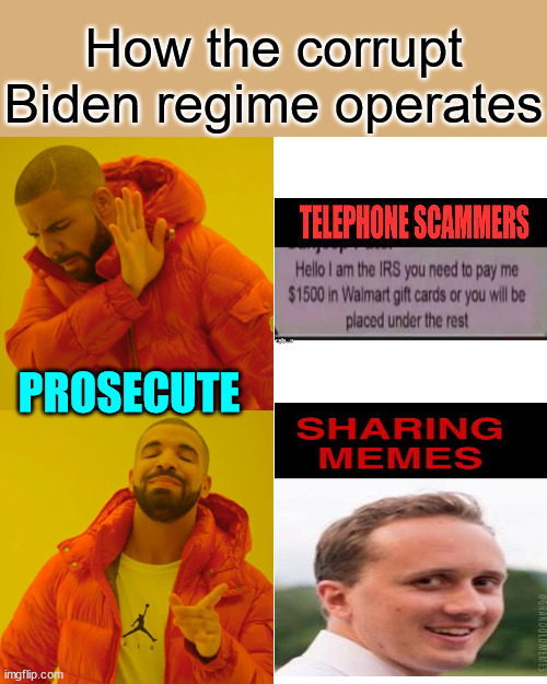 How the corrupt Biden regime operates | How the corrupt Biden regime operates; PROSECUTE | image tagged in memes,drake hotline bling,corrupt,biden,doj | made w/ Imgflip meme maker