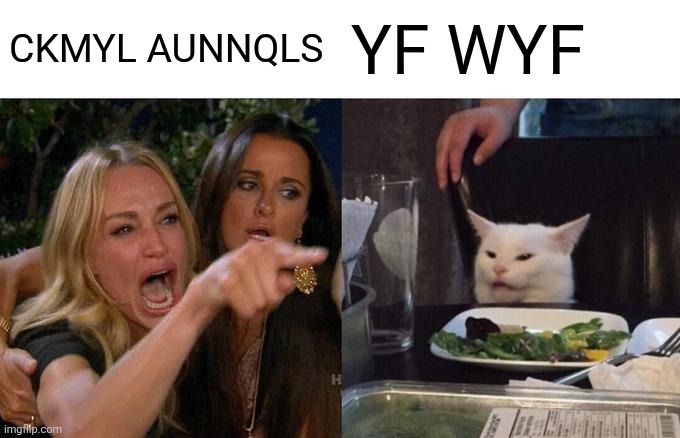 Woman yelling at cat | CKMYL AUNNQLS; YF WYF | image tagged in memes,woman yelling at cat | made w/ Imgflip meme maker