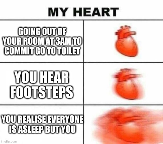 My heart blank | GOING OUT OF YOUR ROOM AT 3AM TO COMMIT GO TO TOILET; YOU HEAR FOOTSTEPS; YOU REALISE EVERYONE IS ASLEEP BUT YOU | image tagged in my heart blank | made w/ Imgflip meme maker