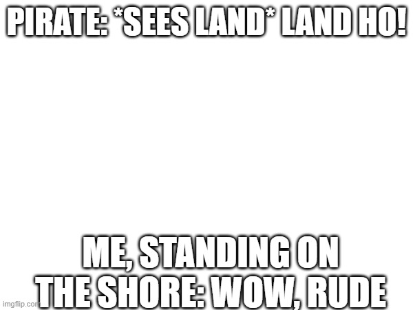 PIRATE: *SEES LAND* LAND HO! ME, STANDING ON THE SHORE: WOW, RUDE | image tagged in funny memes | made w/ Imgflip meme maker