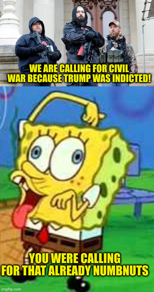 WE ARE CALLING FOR CIVIL WAR BECAUSE TRUMP WAS INDICTED! YOU WERE CALLING FOR THAT ALREADY NUMBNUTS | image tagged in boogaloo bois michigan militia,spongebob duh | made w/ Imgflip meme maker