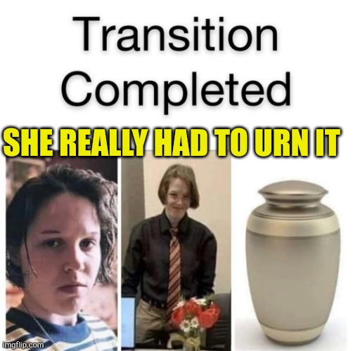 Full Transition | SHE REALLY HAD TO URN IT | image tagged in urn your keep,died,theif murderer,sickness,american psycho,crazy bitch | made w/ Imgflip meme maker