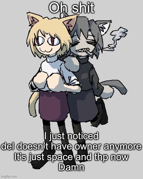 Neco arc and chaos neco arc | Oh shit; I just noticed del doesn’t have owner anymore
It’s just space and thp now
Damn | image tagged in neco arc and chaos neco arc | made w/ Imgflip meme maker