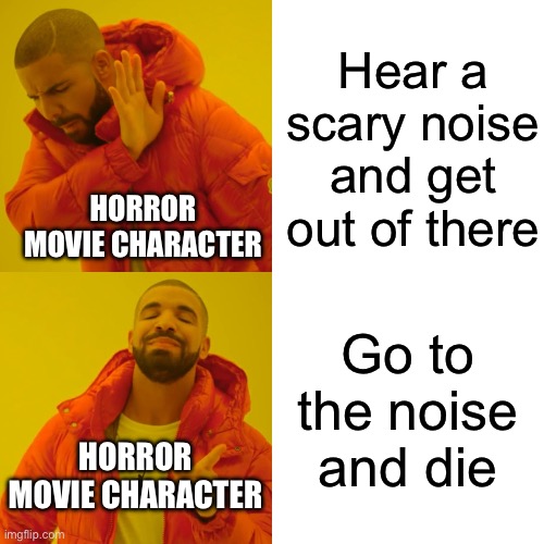 Horror movie logic | Hear a scary noise and get out of there; HORROR MOVIE CHARACTER; Go to the noise and die; HORROR MOVIE CHARACTER | image tagged in memes,drake hotline bling,horror movie,logic,funny | made w/ Imgflip meme maker