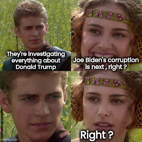 Show us it's not Political | They're investigating
 everything about 
Donald Trump; Joe Biden's corruption is next , right ? Right ? | image tagged in anakin padme 4 panel,fair is fair,witch hunt,show me the real,believe in something,partisan | made w/ Imgflip meme maker