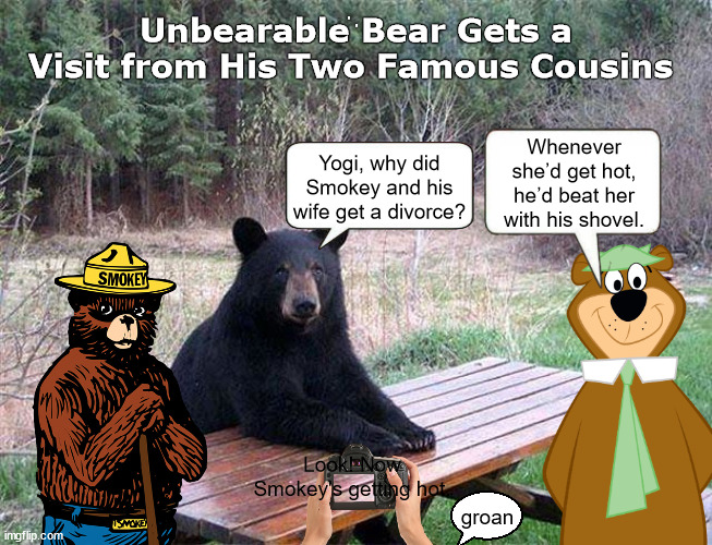 Unbearable Bear Gets a Visit from His Two Famous Cousins | . Look! Now Smokey's getting hot. | image tagged in yogi bear,smokey bear,bear,divorce,funny,memes | made w/ Imgflip meme maker