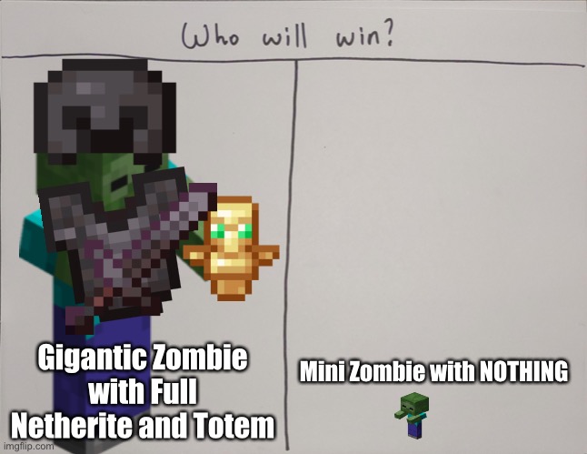 Guess the Winner! | Gigantic Zombie with Full Netherite and Totem; Mini Zombie with NOTHING | image tagged in who will win | made w/ Imgflip meme maker