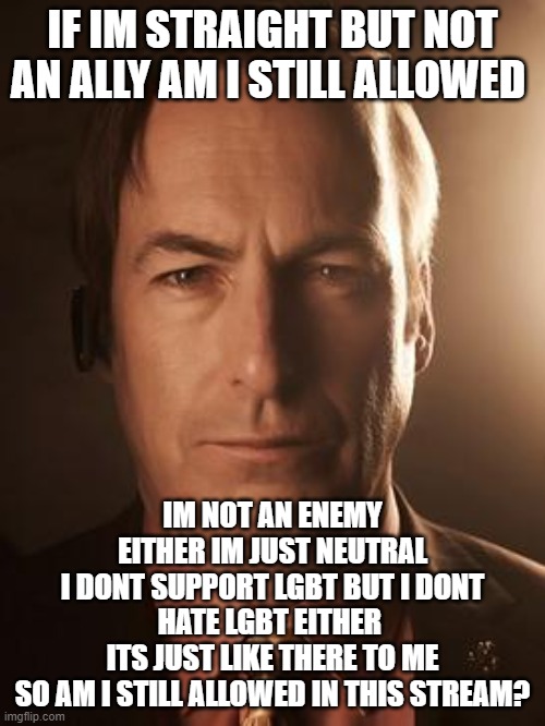 Saul Goodman | IF IM STRAIGHT BUT NOT AN ALLY AM I STILL ALLOWED; IM NOT AN ENEMY EITHER IM JUST NEUTRAL
I DONT SUPPORT LGBT BUT I DONT HATE LGBT EITHER 
ITS JUST LIKE THERE TO ME
SO AM I STILL ALLOWED IN THIS STREAM? | image tagged in saul goodman | made w/ Imgflip meme maker