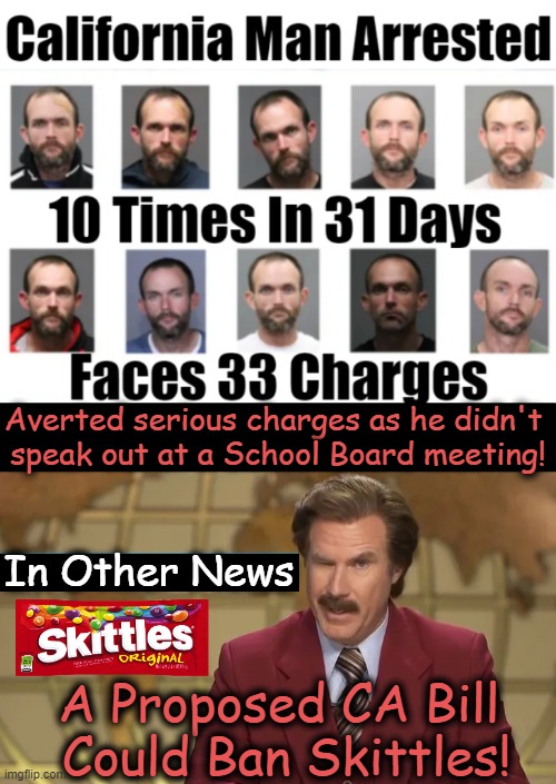 Solution -- Either Lock 'Em Up OR Let 'Em Eat Skittles! | Averted serious charges as he didn't 
speak out at a School Board meeting! In Other News; A Proposed CA Bill 
Could Ban Skittles! | image tagged in politics,california,criminals,political humor,land of fruits and nuts,hotel california | made w/ Imgflip meme maker