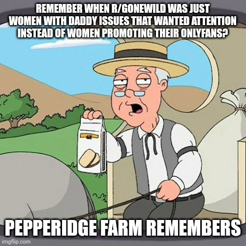 Remember when GoneWild... | REMEMBER WHEN R/GONEWILD WAS JUST WOMEN WITH DADDY ISSUES THAT WANTED ATTENTION INSTEAD OF WOMEN PROMOTING THEIR ONLYFANS? PEPPERIDGE FARM REMEMBERS | image tagged in memes,pepperidge farm remembers | made w/ Imgflip meme maker