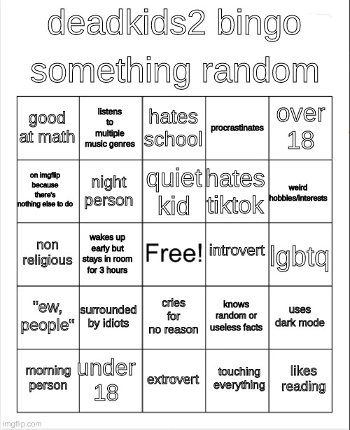 something I made | something random; deadkids2 bingo; hates school; listens to multiple music genres; over 18; good at math; procrastinates; quiet kid; on imgflip because there's nothing else to do; weird hobbies/interests; hates tiktok; night person; introvert; non religious; lgbtq; wakes up early but stays in room for 3 hours; "ew, people"; surrounded by idiots; uses dark mode; knows random or useless facts; cries for no reason; under 18; likes reading; morning person; extrovert; touching everything | image tagged in blank bingo | made w/ Imgflip meme maker