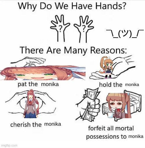 Why do we have hands? (all blank) | ¯\_(ツ)_/¯; monika; monika; monika; monika | image tagged in why do we have hands all blank | made w/ Imgflip meme maker
