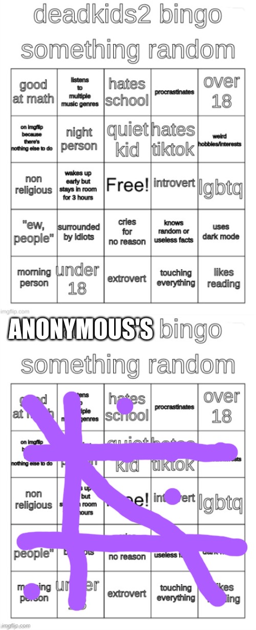 I'm very random | ANONYMOUS'S | image tagged in deadkids2 bingo,bingo,help me | made w/ Imgflip meme maker