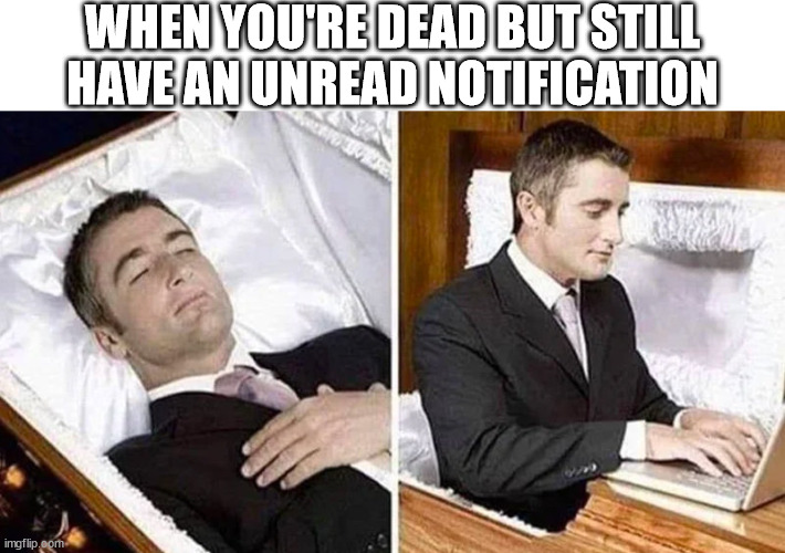 rip | WHEN YOU'RE DEAD BUT STILL HAVE AN UNREAD NOTIFICATION | image tagged in deceased man in coffin typing,dead,death,unread,notifications,message | made w/ Imgflip meme maker