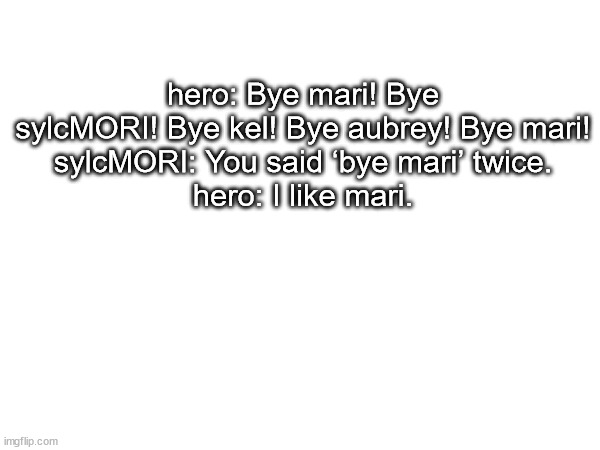hero: Bye mari! Bye sylcMORI! Bye kel! Bye aubrey! Bye mari!
sylcMORI: You said ‘bye mari’ twice.
hero: I like mari. | made w/ Imgflip meme maker