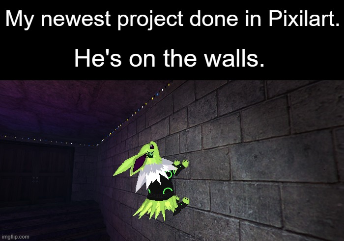 Colt casually defies gravity. | My newest project done in Pixilart. He's on the walls. | image tagged in jolteon,colt | made w/ Imgflip meme maker