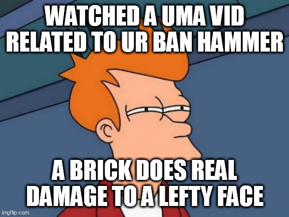 Futurama Fry Meme | WATCHED A UMA VID RELATED TO UR BAN HAMMER; A BRICK DOES REAL DAMAGE TO A LEFTY FACE | image tagged in memes,futurama fry | made w/ Imgflip meme maker